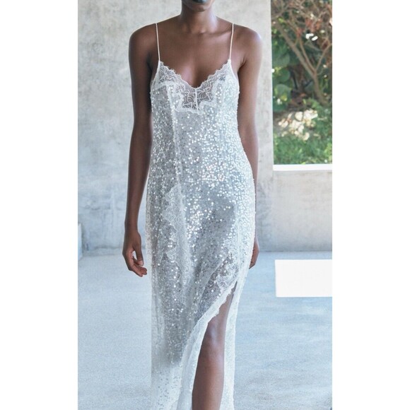ZARA WOMAN NWT SS24 SEQUIN CAMISOLE LACE DRESS WHITE SILVER SIZE LARGE 5919/808 - Picture 3 of 16